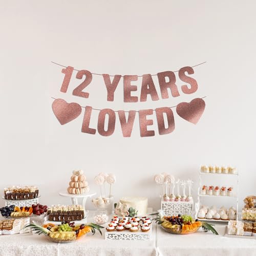 12 Years Loved Rose Gold Glitter Banner for 12th Birthday