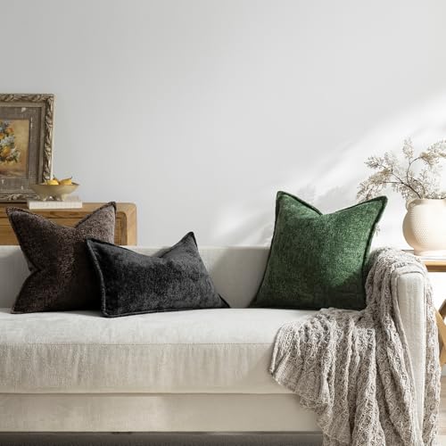DEZENE Pack of 2 18x18 Forest Green Chenille Throw Pillow Covers for Couch & Bed