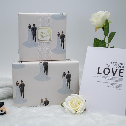 Wedding Gift Wrapping Paper - White Newlyweds Design (6 Sheets)