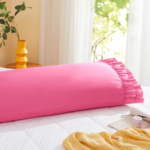 Vonty Hot Pink Ruffled Pillow Cases Set of 2, 20x54 Inch Body Size, Double Ruffle Design