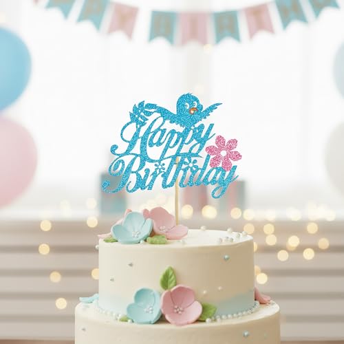 Bird Birthday Cake Topper - Blue Glitter Party Decoration