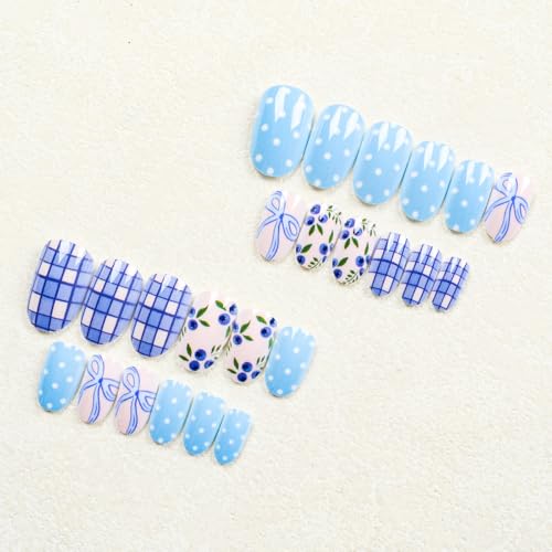 Blueberry Checkered Bow Short Oval Press on Nails - 24Pcs Glossy Fake Nails