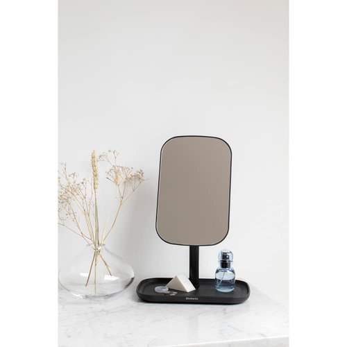 Brabantia Renew 360° Adjustable Vanity Bathroom Mirror with Stand & Storage Tray (Dark Grey) Non-Slip Tray for Makeup, Jewellery, Shaving Accessories (8x8x11)