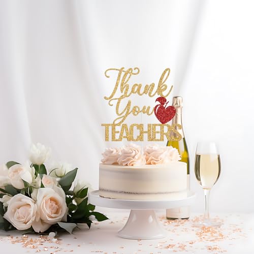 Thank You Teachers Cake Topper - Gold & Red Glitter Decoration