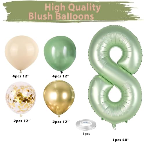 Sage Green Number 8 Balloon Set with Gold Confetti - 40" & 12"