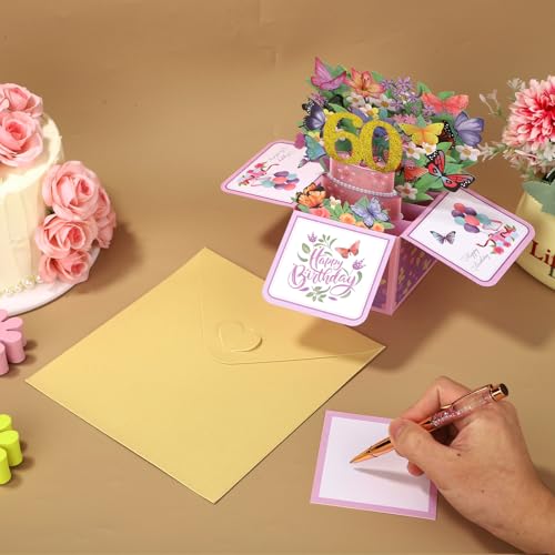60th Birthday Pop-Up Card with Colorful Butterflies & Flowers