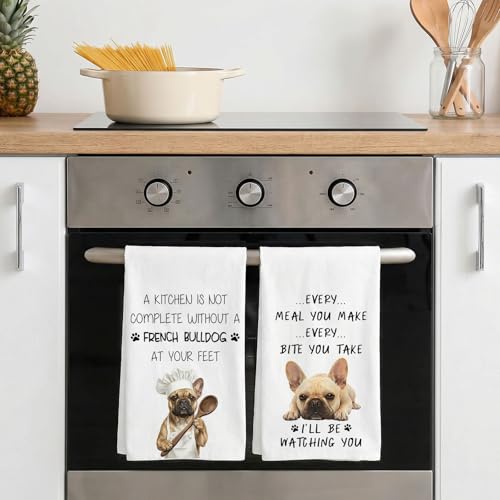 French Bulldog Kitchen Towel Set - Absorbent Cotton Dish Towels (18 x 26)