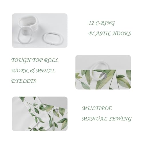 Yeele 60x72 Inch Green Leaves Shower Curtain - Waterproof Floral Design