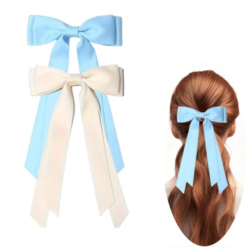 Satin Hair Bows for Women & Girls - Blue & Beige Hair Ribbon Clips (2PCS)