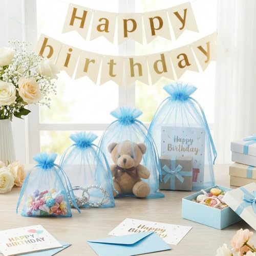 FUNFERY 100-Pack Baby Blue Organza Bags, 3x4 Inch Small Mesh Drawstring Gift Bags