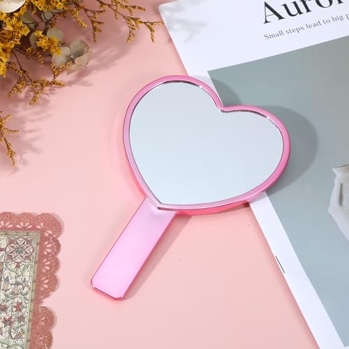 Heart Shaped Handheld Mirror - Pink Water Ripple Makeup Mirror with Handle
