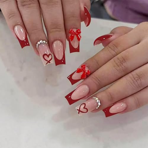 French Tip Press on Nails Square 3D Bow Rhinestone False Nails