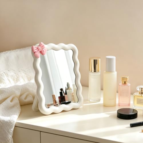 Wave Desktop Makeup Mirror with Adhesive Bow - White, 6.7x5.3 Inch