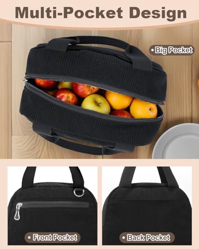Insulated Women’s Lunch Bag - Reusable Corduroy Tote with Front & Back Pockets