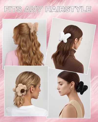 Secroma 6PCS Plush Hair Claw Clips Fuzzy Bow Flower Non-Slip Small Claws