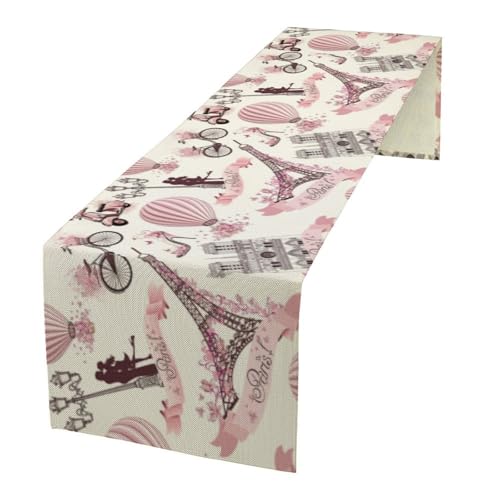 Pink Romantic Eiffel Tower Table Runner 13x36 Inches for Farmhouse Kitchen Dining