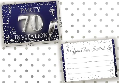 Elegant 70th Birthday Invitation Cards - Set of 10, Dark Blue & Silver