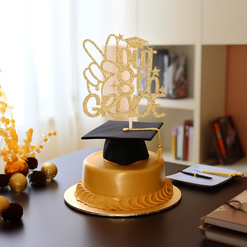 Gold Glitter 8th Grade Graduation Cake Topper - Class of 2024