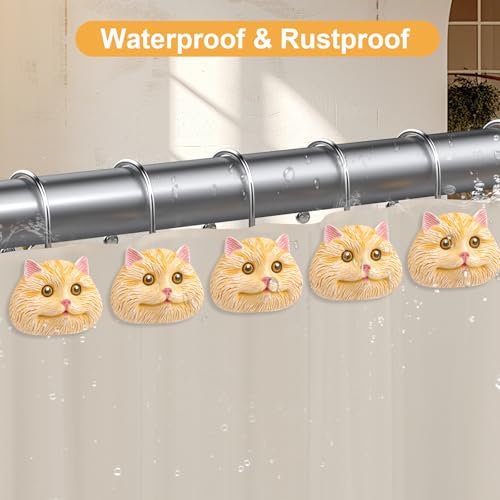 Cat Shower Curtain Hooks - 12-Piece Rustproof Metal Rings for Bathroom
