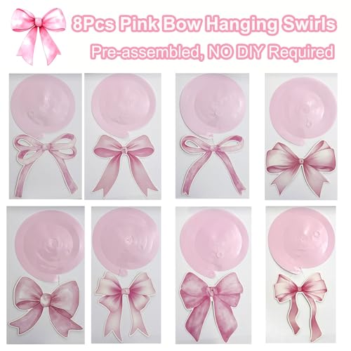 Pink Bow Birthday Party Decorations Set with Banner and Hanging Swirls