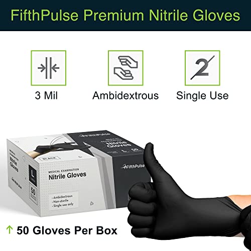 FifthPulse Medium Black Nitrile Gloves - 50 Count, Latex Free