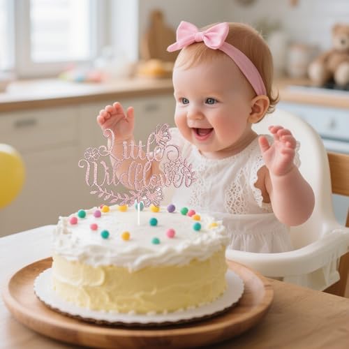 Rose Gold Glitter Little Wildflower Cake Topper for Birthdays