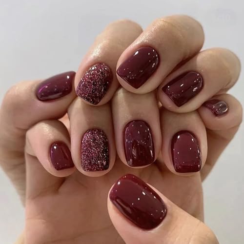 Short Square Wine Red Press on Nails Acrylic Fake Nails Set