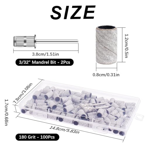 Nail Sanding Bands 180 Grit with Mandrel Bits and Storage Box, 100 Pcs