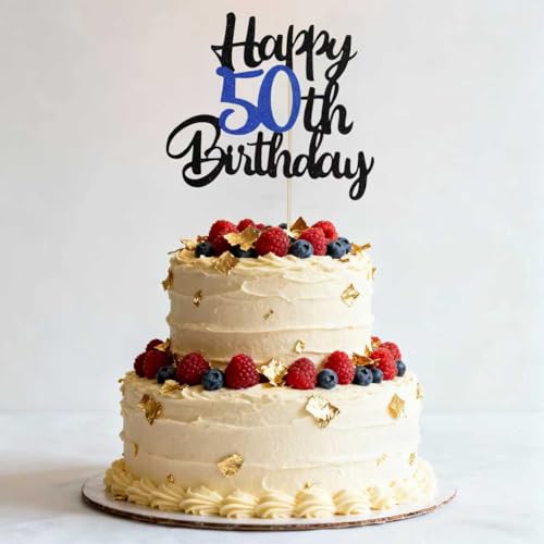 50th Birthday Cake Topper - Black & Blue Glitter Decoration