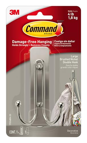 Command Large Brushed Nickel Double Hook with Adhesive Strip