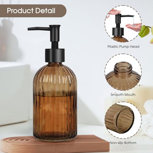 Stripe Amber Glass Soap Dispenser with Black Plastic Pump - 400ml
