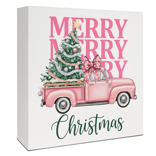 Pink Christmas Truck Wooden Box Sign Preppy Holiday Home Decor 5x5 Inch
