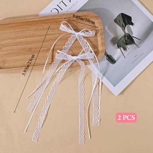 White Lace Hair Bow Clips with Long Tail Coquette Hair Accessories 2 Pcs
