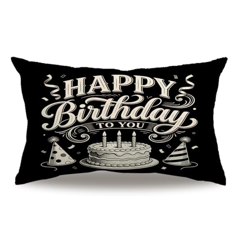 Happy Birthday Decorative Throw Pillow Cover, 12" x 20" Black Waist Cushion