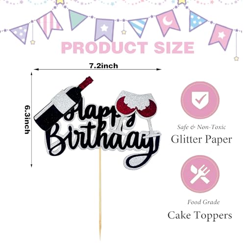 Black Glitter Happy Birthday Cake Topper with Wine Glasses
