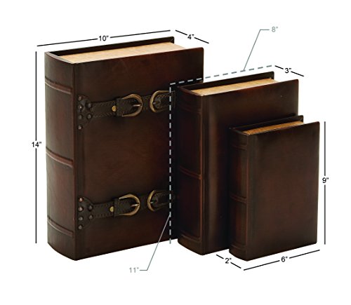 Deco 79 Wooden Decorative Box Faux Storage Book Book Shaped Boxes with Faux Leather Detailing, Set of 3 Decorative Keepsake Boxes 14", 11", 9"H, Brown