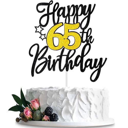 65th Birthday Cake Topper - Black Gold Glitter Decoration