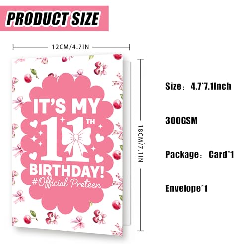 Cute Pink 11th Birthday Card for Girls with Bow & Envelope