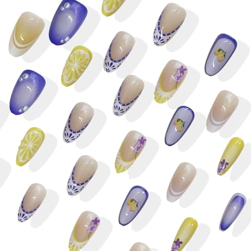 French Tip Press on Nails Medium Almond Acrylic False Nails with Lemon Flower
