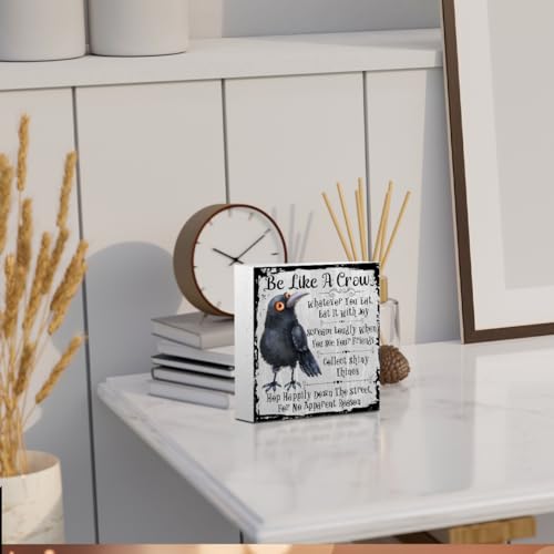 Funny Crow Wooden Box Sign - 5x5 Inspirational Decor Gifts, White 1157
