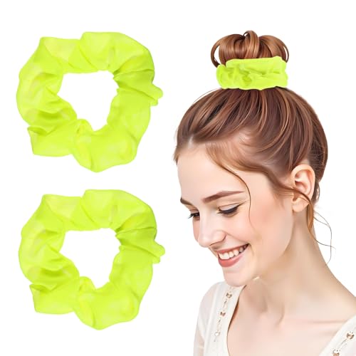 Neon Yellow Satin Hair Scrunchies 2-Pack - 80s Party Hair Accessories