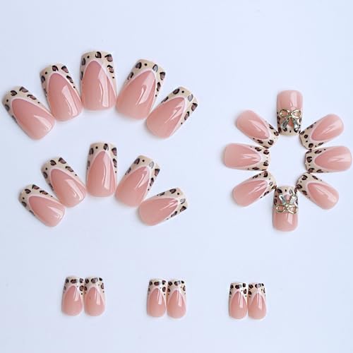 Square Medium Press on Nails French False Nails with Leopard and Bow Charms