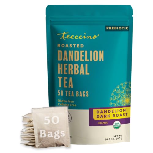 Teeccino Dark Roast Dandelion Herbal Tea Bags - 50 Tagless, Caffeine-Free, Organic, Prebiotic, Eco-Friendly - Pack of 1