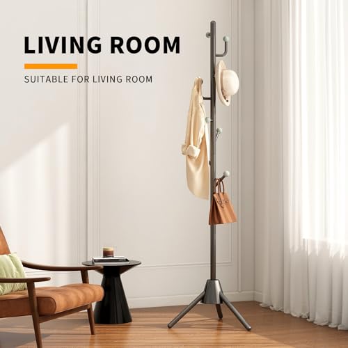 Heavy Duty Anti-Tip Coat Rack with 8LB Stable Weighted Base, [80LB Load Tested] Metal Standing Tree with 8 Hooks, 3-Height Adjustable Space Saving Clothes Organizer for Entryway, Bedroom, Office