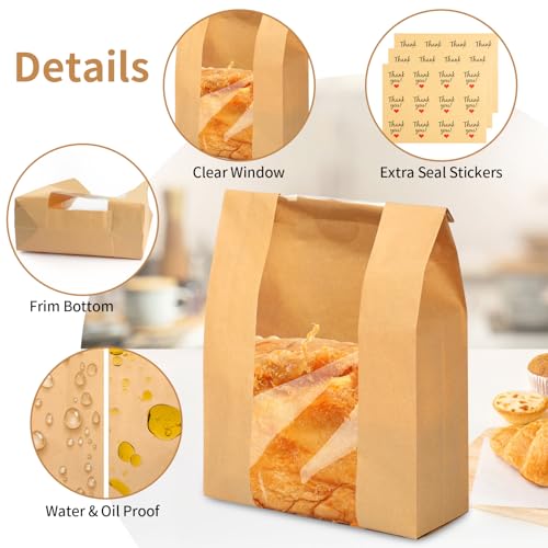 Kraft Paper Bread Bags with Clear Window - 30 Pcs Sourdough Bakery Bags