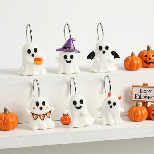 BOARDFEB Halloween Shower Curtain Hooks, White Ghost Set - 12 Pcs
