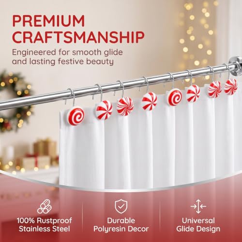Candy Shower Curtain Hooks - Christmas Peppermint Red White Set of 12