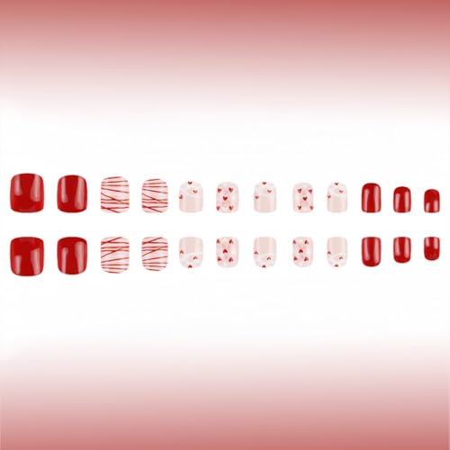 Valentine Press on Nails Short Red White Heart Fake Nails 24Pcs
