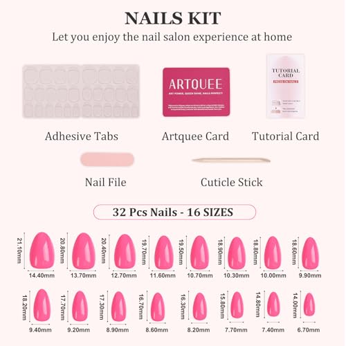 Artquee Hot Pink Short Almond Press on Nails Kit - 32 Pcs Glossy Reusable False Nails