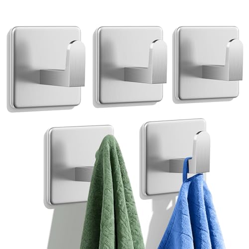 Auxmir Heavy-Duty Self-Adhesive Towel Hooks - 5 Pack, 15 lb Capacity, Waterproof Stainless Steel